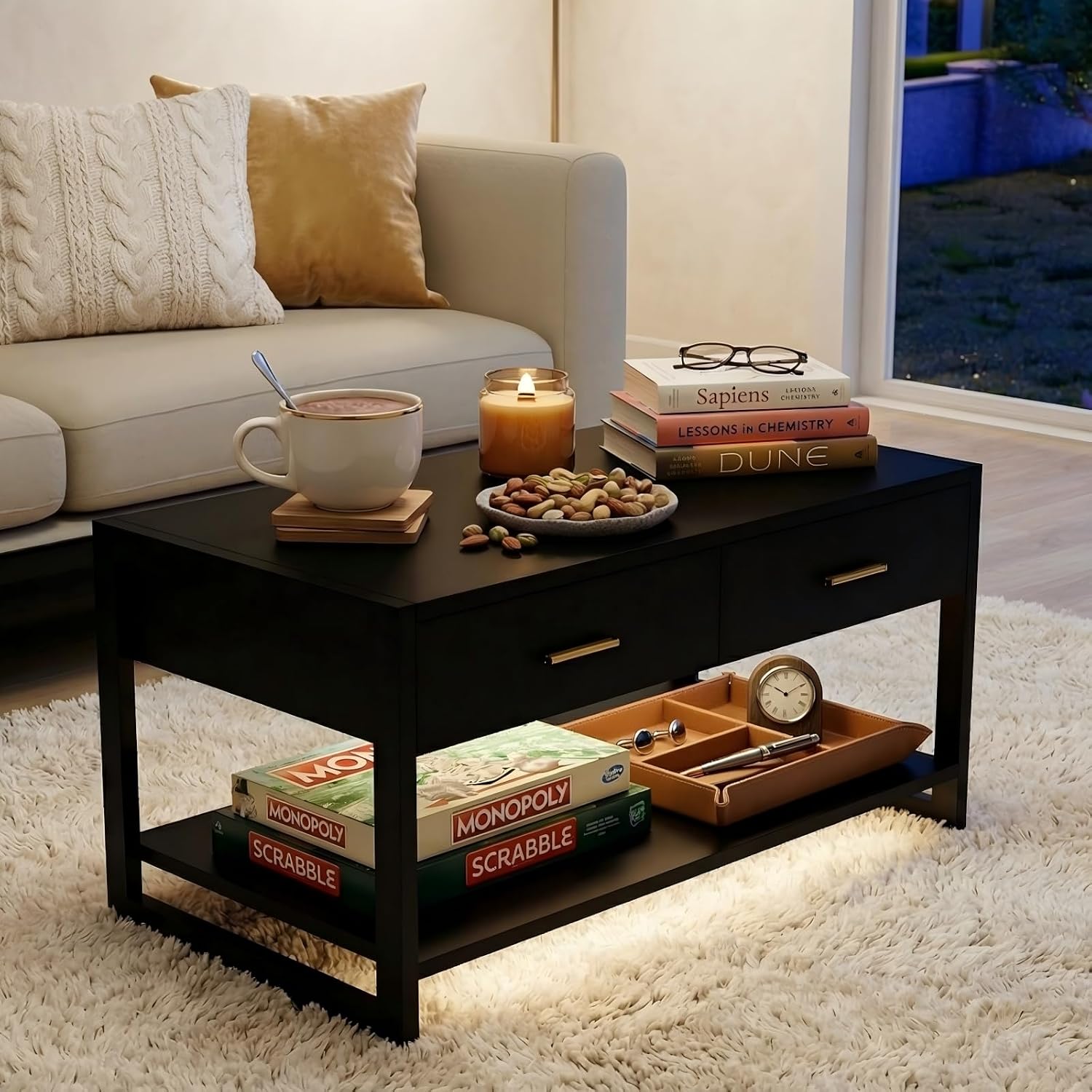 Multi-Functional Coffee Table with Foot-Sensor Light and 2 Drawers | Black, Modern, Large Open Shelf, Sturdy Frame Versatile, Vintage Metal Handle, Suitable for Living Room/Office/Outdoor Patio,