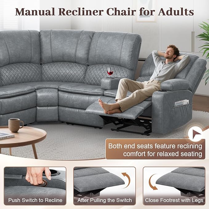 Manual Reclining Sectional Sofa Set, 7 Seats Soft Leather Recliner Corner Sectional Couch, Family-Sized L-Shaped Recliner Couch with USB Charging, Thickened Padding, Sturdy Frame, Grey