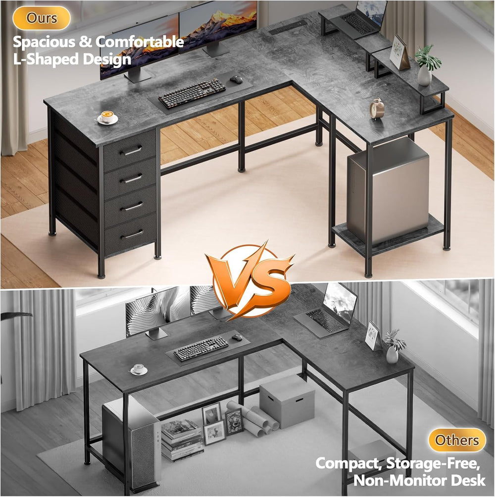 Korfile 59 inch L Shaped Computer Desk with Power Outlets, Grey