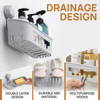 LEVERLOC Shower Caddy Suction Cup Set Shower Organizer & Soap Holder & Toothbrush Holder, Bathroom Shelf Basket NO-Drilling, Removable Suction Storage Waterproof Bathroom Caddy, Gray