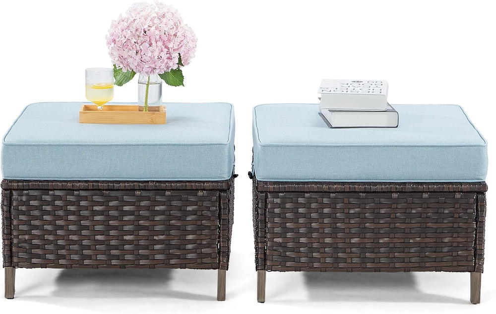 Patio Ottoman Set of 2, All Weather Outdoor Rattan Ottomans Patio Footstools ...
