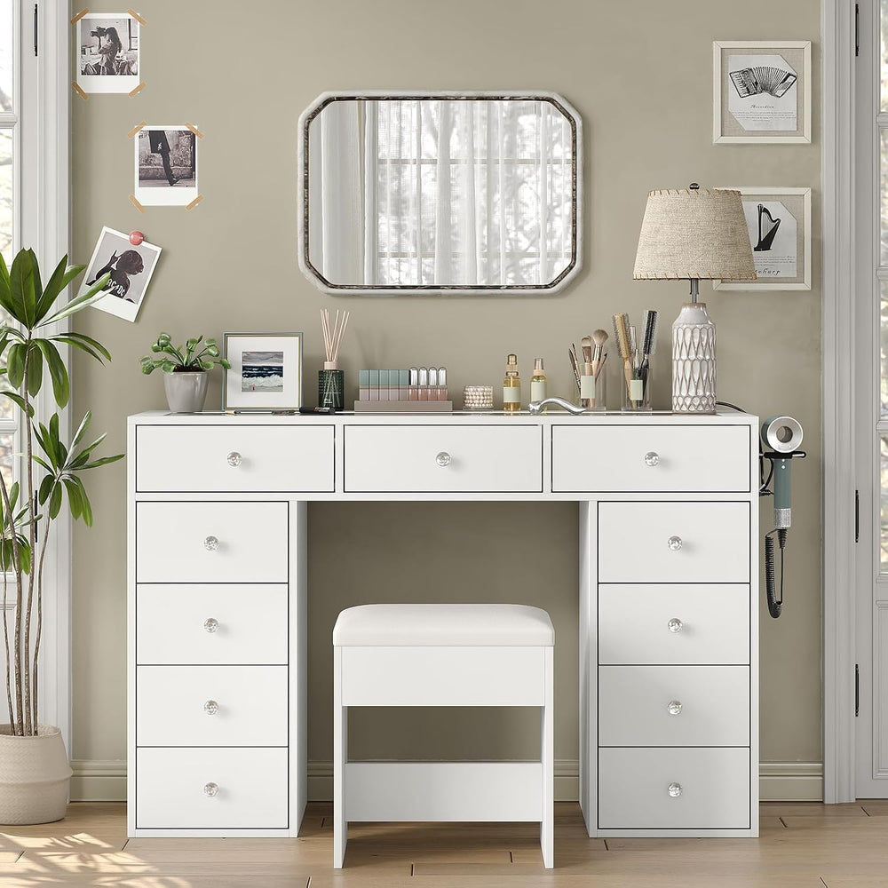 Yanosaku 47" Vanity Desk Without Mirror, Glass Top Makeup Vanity with 11...