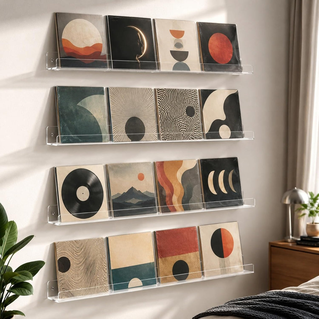 4-Pack Hanging Records, 12-Inch Record Holder Display, Clear Acrylic Floating Shelf, Suitable for Bedroom, Living Room, Magazine Rack