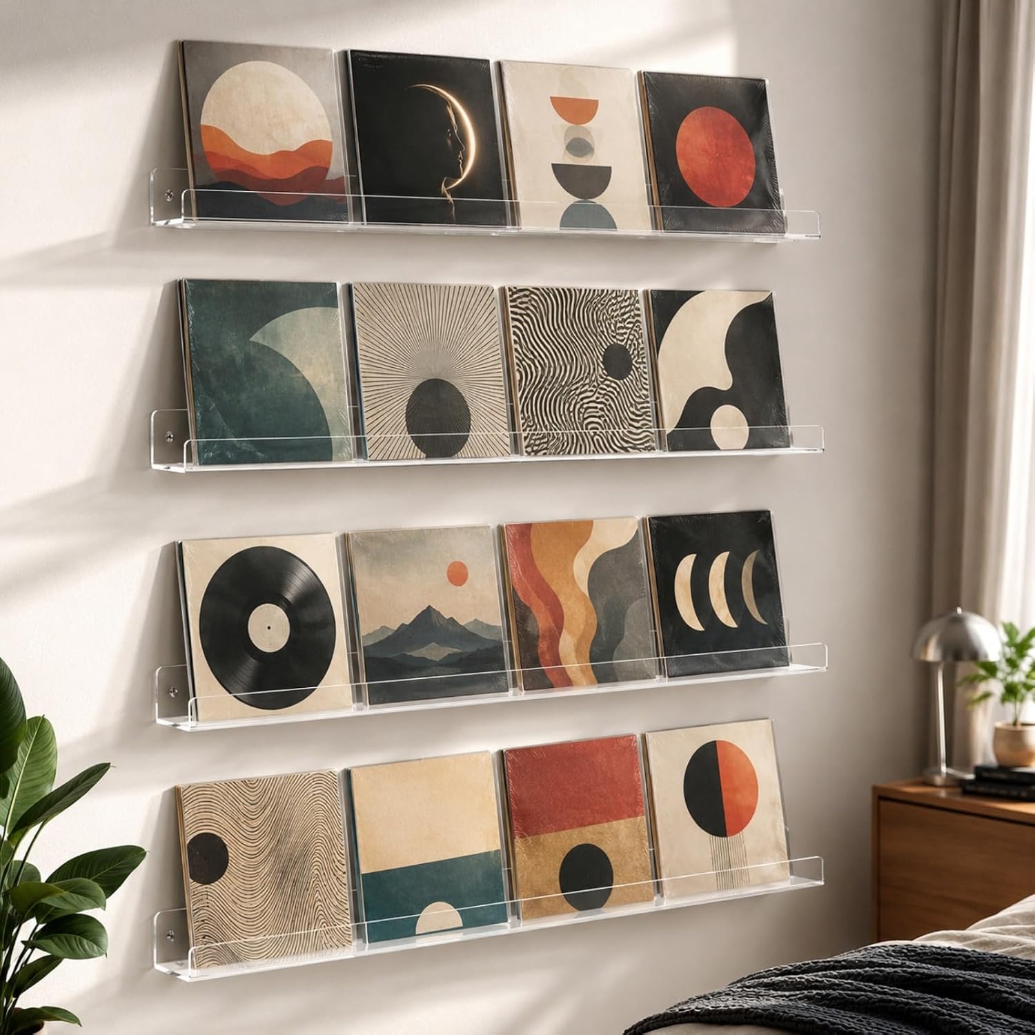 4-Pack Hanging Records, 12-Inch Record Holder Display, Clear Acrylic Floating Shelf, Suitable for Bedroom, Living Room, Magazine Rack