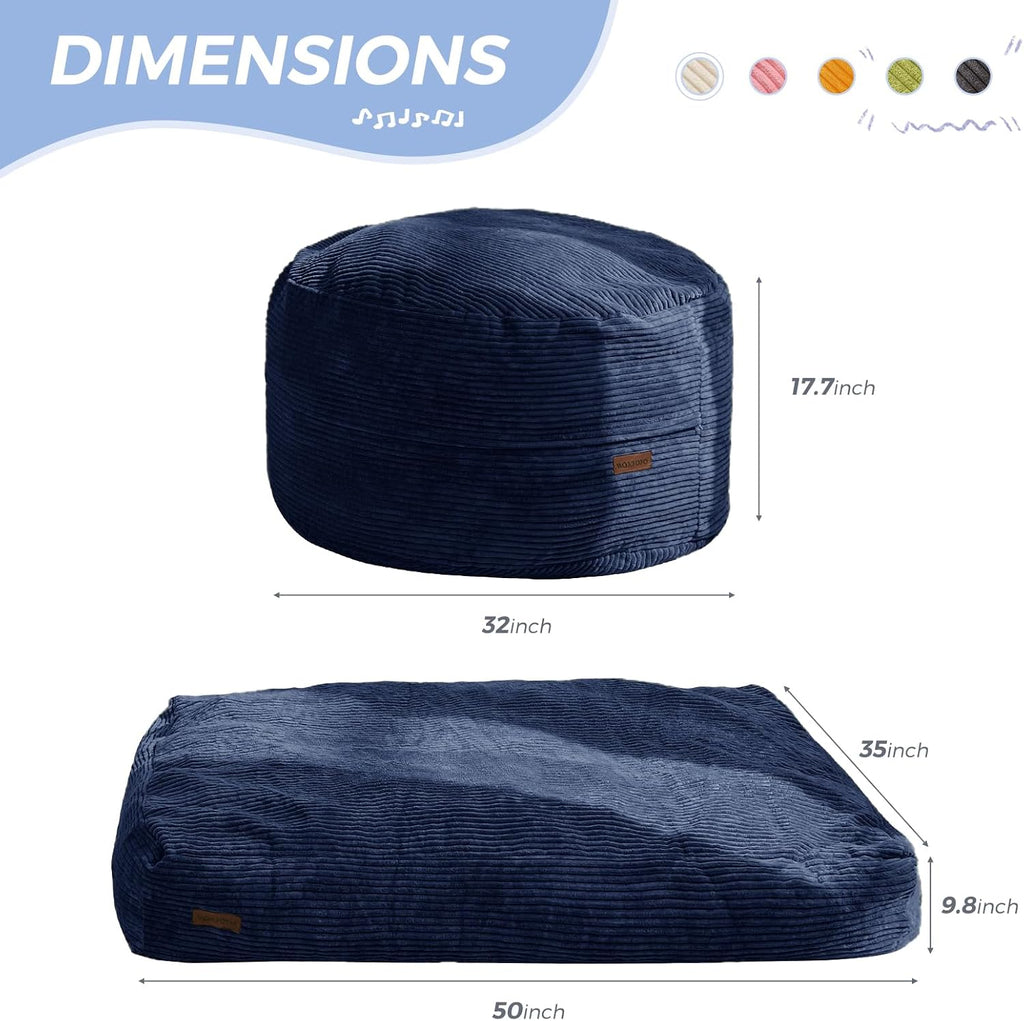 MAXYOYO Bean Bag Chair Bed for Kids, Convertible Bean Bag Floor Sofa Couch | Folds from Lazy Chair to Floor Bed, Machine Washable Corded Fabric, Stuffed Floor Sofa Couch for Boys and Girls, Navy