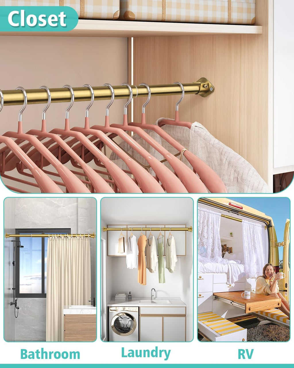 Closet Rod, 17 to 76 Inch Heavy Duty Adjustable Metal Clothing Rack for Hanging Clothes, Closet Poles for Wardrobes, Laundry, Durable Steel, Gold（Upgraded Extra Strong）