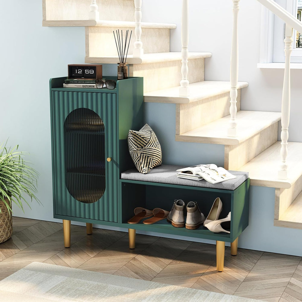 HLR Shoe Storage Bench with Glass Door&Shelf, L-Shaped Shoe Cabinet, Gree...