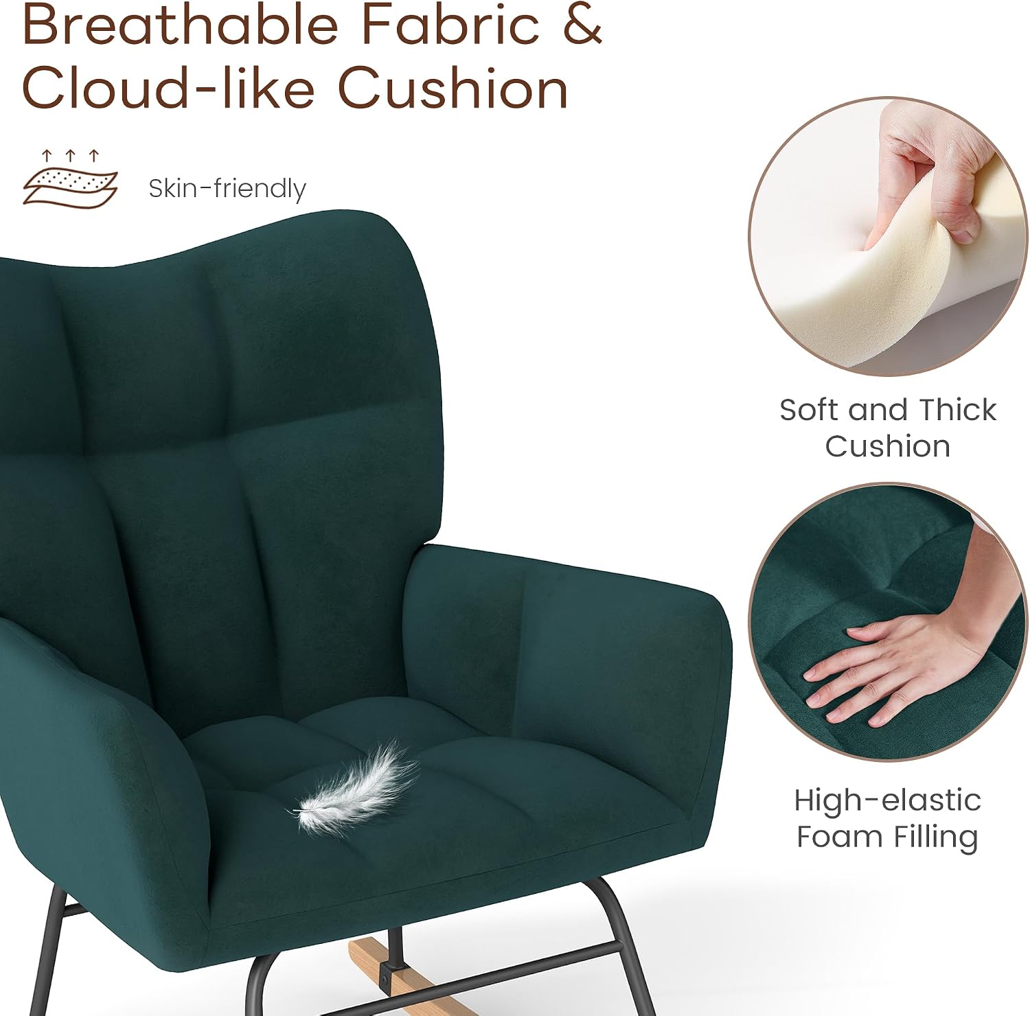 Nursery Rocking Chair, Rocking Chairs for Nursery, Green | Glider Rocker, Anti-Tip Safety Design, 440 Lb Weight Capacity, Cotton Fabric Cover, Padded Seat, for Living Room Bedroom