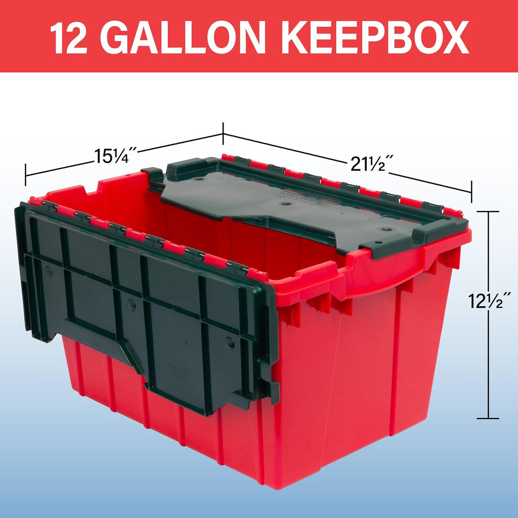 Akro-Mils KeepBox 12 Gallon Storage Container, Nesting and Stackable Plastic Storage Box with Lid Attached, Organizer Tote for Garages, Closets, and Moving, 21-1/2" x 15" x 12-1/2", Red/Green, 6-Pack