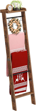 Blanket Ladder Shelf for Living Room, Decorative Quilt Rack with Storage Shelf, 6-Tier Farmhouse Ladder Holder Organizer with 4 Removable Hooks for Bedroom, Rustic Brown and Black BR35801B