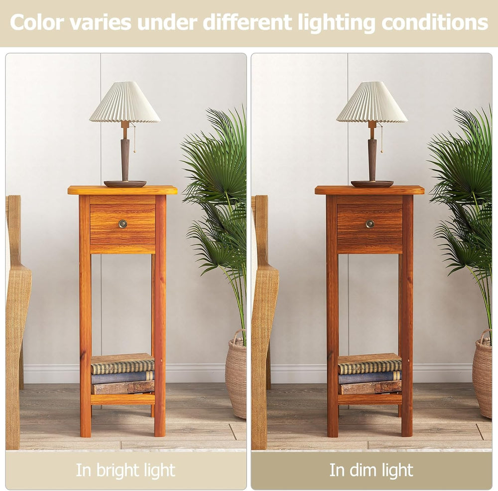 SlickBlue 2-Tier Slim Bedside Table with Drawer and Shelf for Living Room Bed...