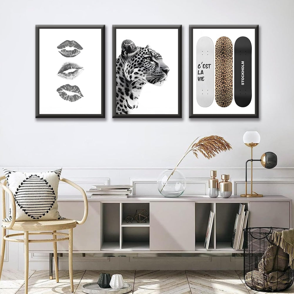 3 Piece Framed Stockholm Style Wall Art, Black and White Leopard Lips Canvas ...