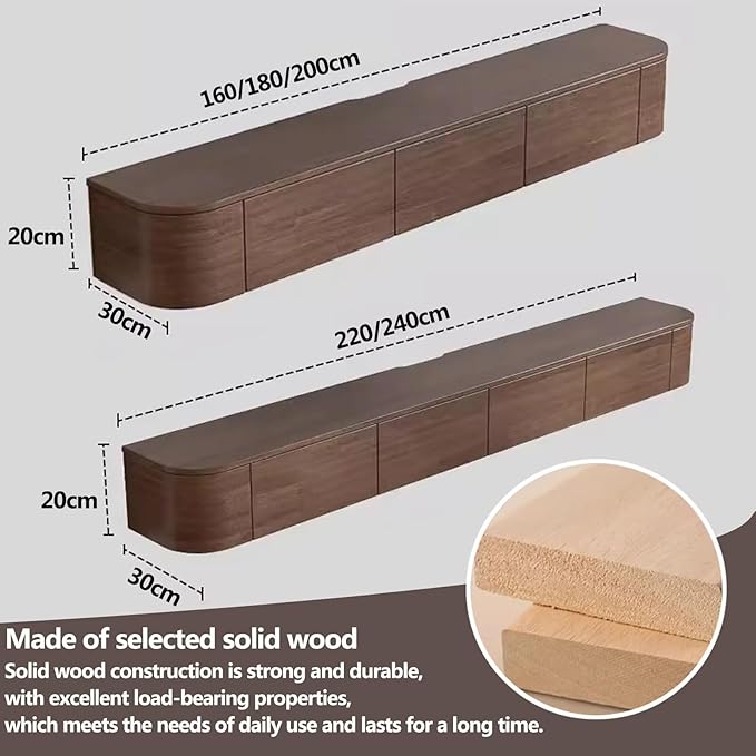 Pre-Assembled Floating TV Stand with Drawers, Rubberwood Wall Mounted TV Console, Modern Media Console for Living Room, Space-Saving Floating TV Cabinet (Brown (with Led), 86.6in/220cm)