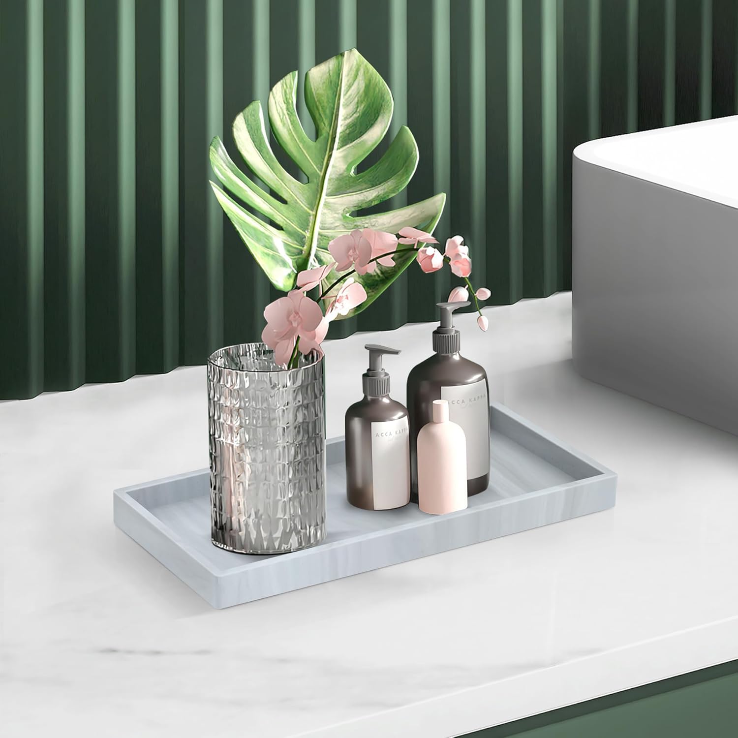 Silicone Bathroom Tray,Shatterproof Bathroom Vanity Tray,High-Grade Silicone Durable Rectangle Tray for Bathroom Trays for Counter Soap Dispenser Tray-Large 10.6 * 5.1 in