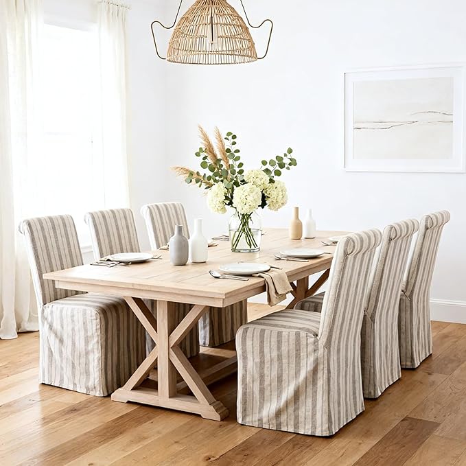 chairus Slipcovered Parsons Dining Chairs Set of 4, Upholstered Dining Room Chairs with Removable Linen Cover & High Back, Modern Farmhouse Wooden Side Kitchen Chairs, Khaki Stripe