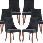 Black Mid Century Dining Chairs Set of 6, Modern Kitchen & Dining Room Chairs Set of 6, Linen Upholstered Kitchen Chairs, Sillas de Comedor, Wood Legs (Black, 6 Pcs)