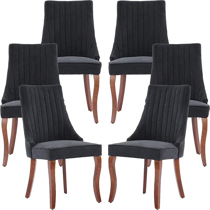 Black Mid Century Dining Chairs Set of 6, Modern Kitchen & Dining Room Chairs Set of 6, Linen Upholstered Kitchen Chairs, Sillas de Comedor, Wood Legs (Black, 6 Pcs)