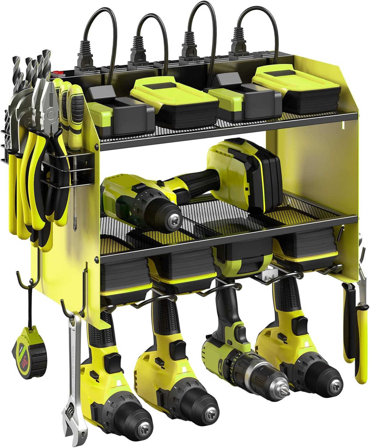 CCCEI Modular Power Tool Organizer Wall Mount with Charging Station. Garage Drill Storage Shelf with Hooks, Heavy Duty Rack, Tool Battery Holder Built in 8 Outlet. Gift for Men. Green, 1 Pack.