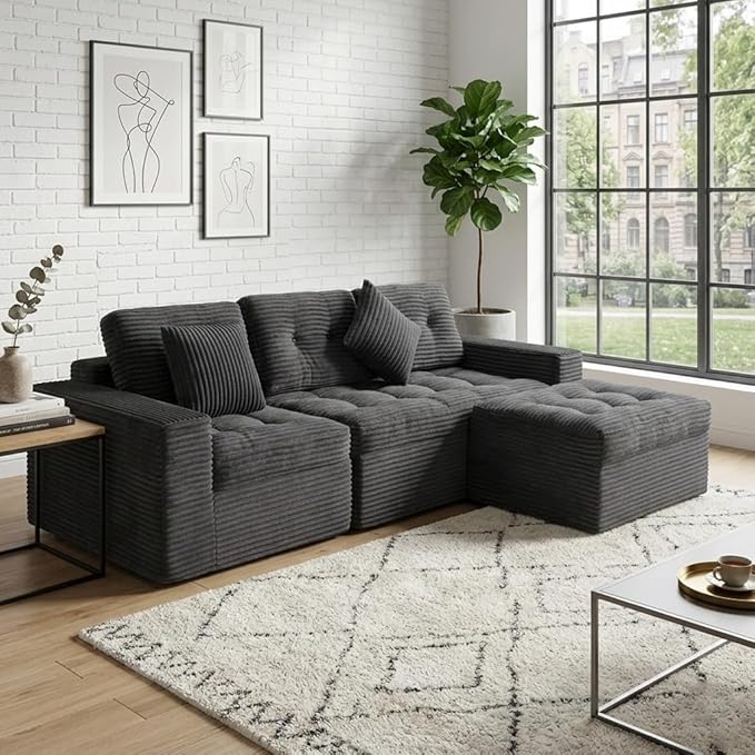 Eafurn 105" L-Shaped Boneless Modular Sectional Sofa with Movable Ottoman, Comfy Corduroy Floor Couch with Deep Seat and Tufted Seat, Flexible Module Combination for Living Room, No Assembly | Deep Seat, Wider Armrest, Free Combination, Tufted