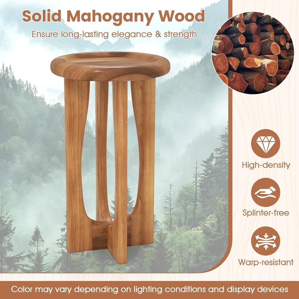 Tangkula Round Side Table, 14” Mahogany Accent Table with Tray Top & Soli...