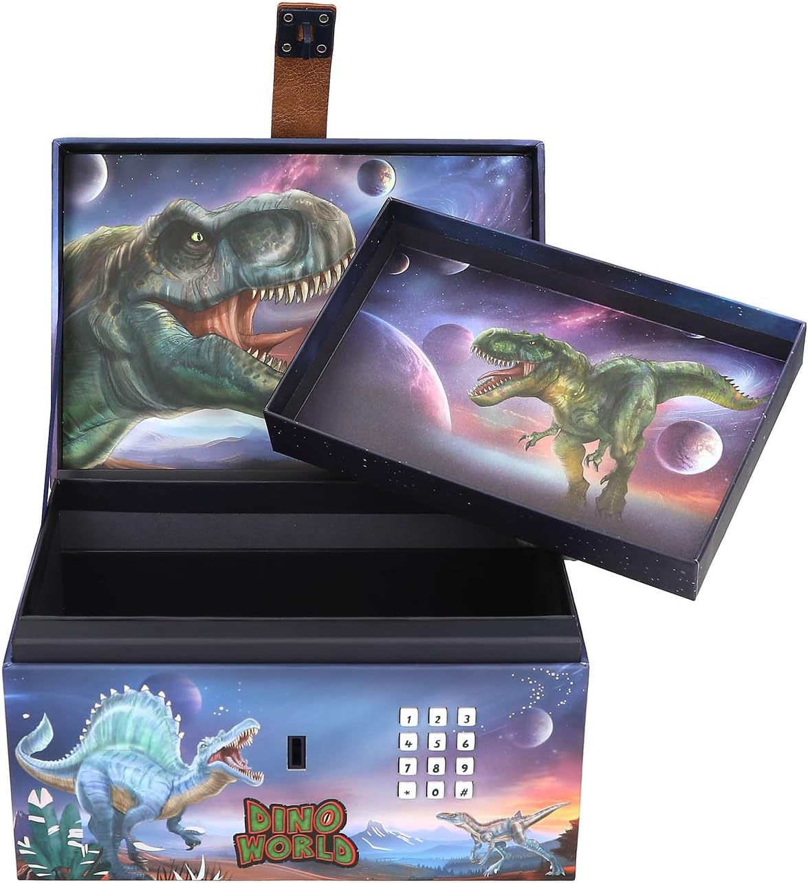 Depesche 13441 Dino World Treasure Chest in Dino Design with Planets, Storage Box with Code, Sound and Light