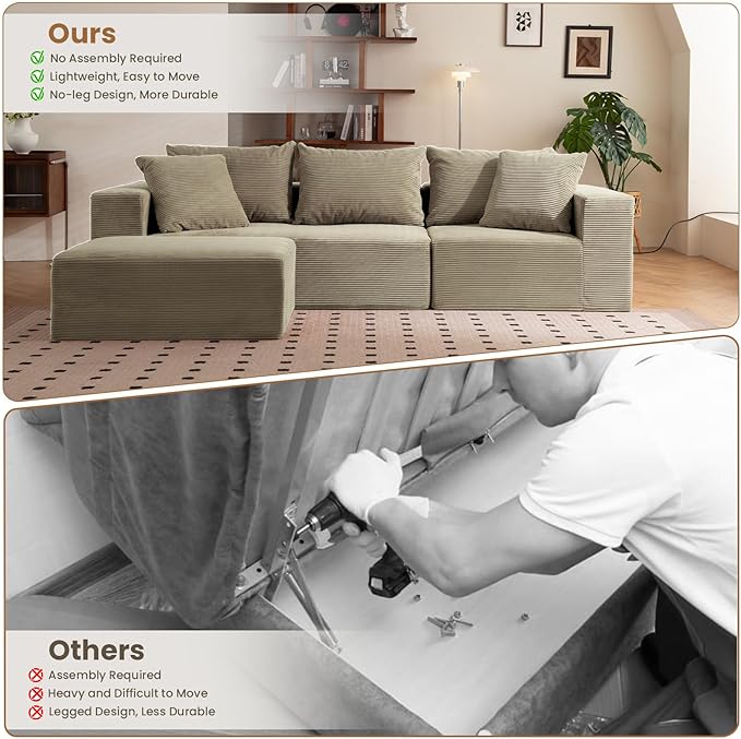 108" L-Shaped Boneless Couch, Modular Sectional Sofa with Moveable Ottoman, Corduroy Cloud Couches for Living Room, No Assembly, Ship in a Box, Camel