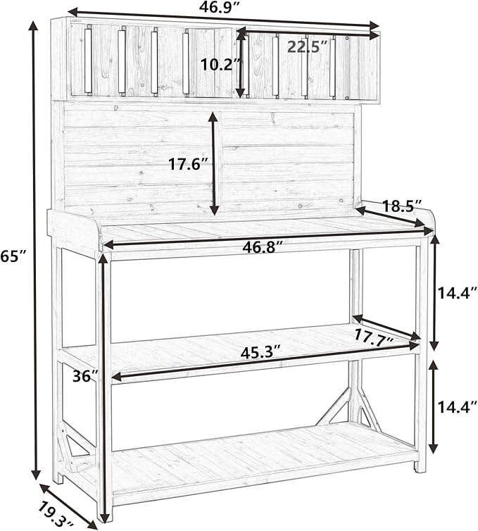 Merax 65" Large Wooden Farmhouse Rustic Outdoor Potting Bench Table with 4 Storage Shelves and Side Hook, Patio Workstation, for Garden, Backyard, Forest Green