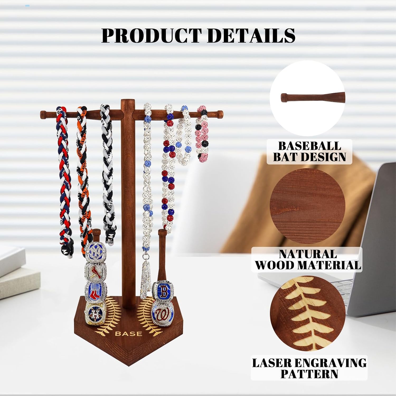 Wooden Baseball or Softball Drip Necklace Organizer Holder, Ring Holder | Championship Sports Ring Display Holder,Softball Ring Holder,Drip Necklace Ring Holder Baseball Display Gift (Walnut Red)