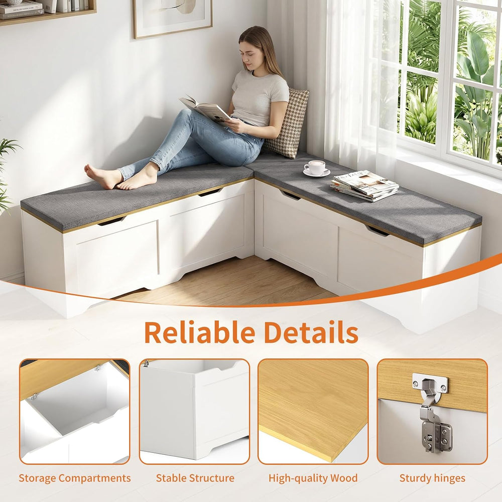 Zevemomo 63" L Shaped Storage Bench with Cushion, Kitchen Breakfast Nook...