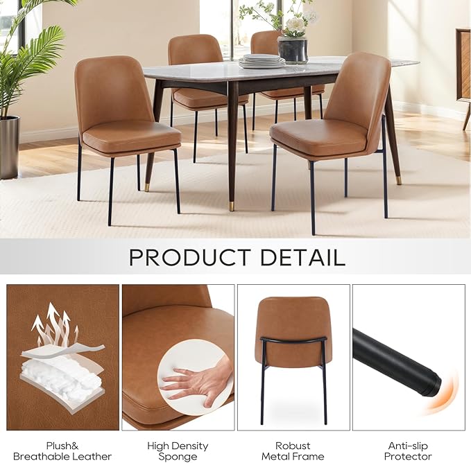 COLAMY Dining Chairs Set of 6, Modern Dining Chair, Leather Upholstered Dining Chairs, Kitchen Chairs with Curved Back and Metal Legs for Dining Room Kitchen Restaurant, Brown