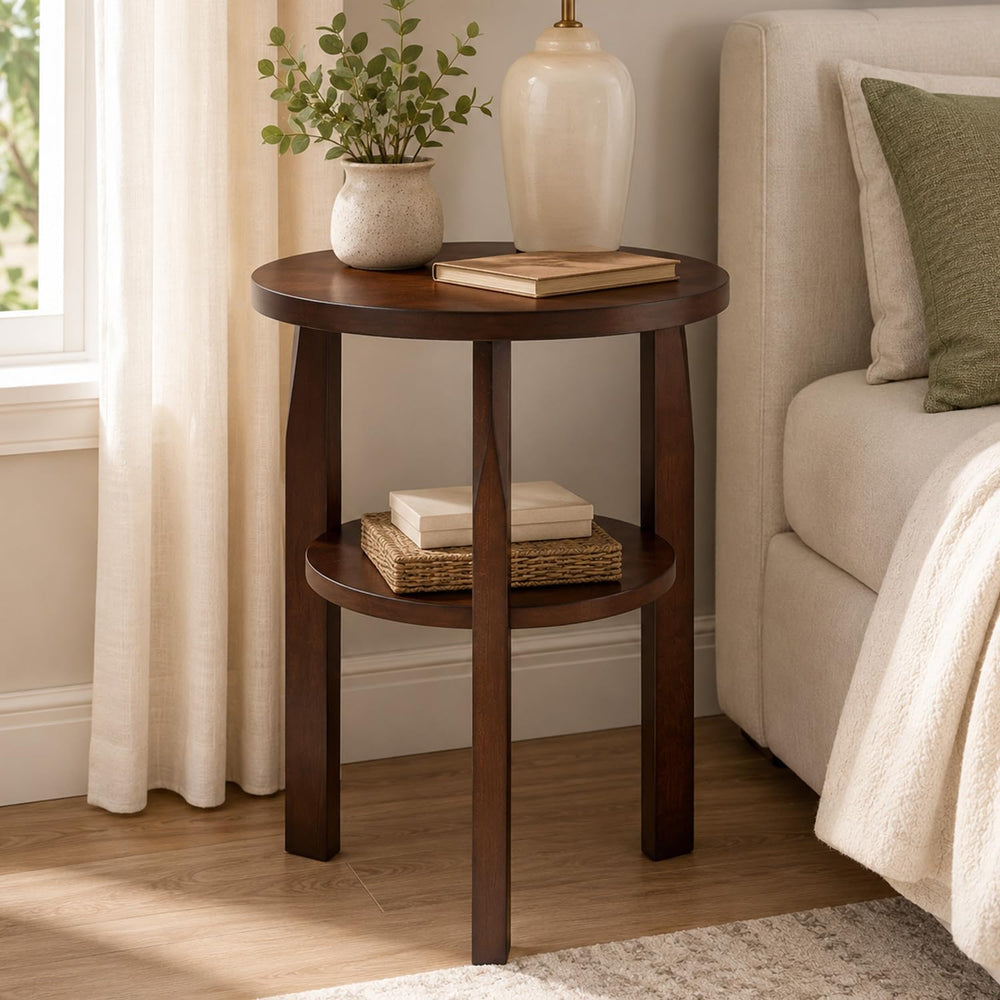 Round End Table, Solid Rubberwood 2-Tier Side Table with Open Storage Shelf, ...