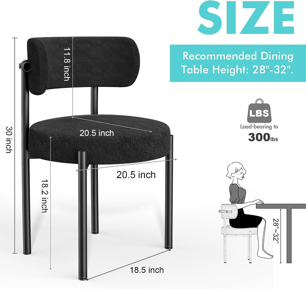 PatioPerk Boucle Dining Chairs Set of 2, Black Mid Century Morden Chair