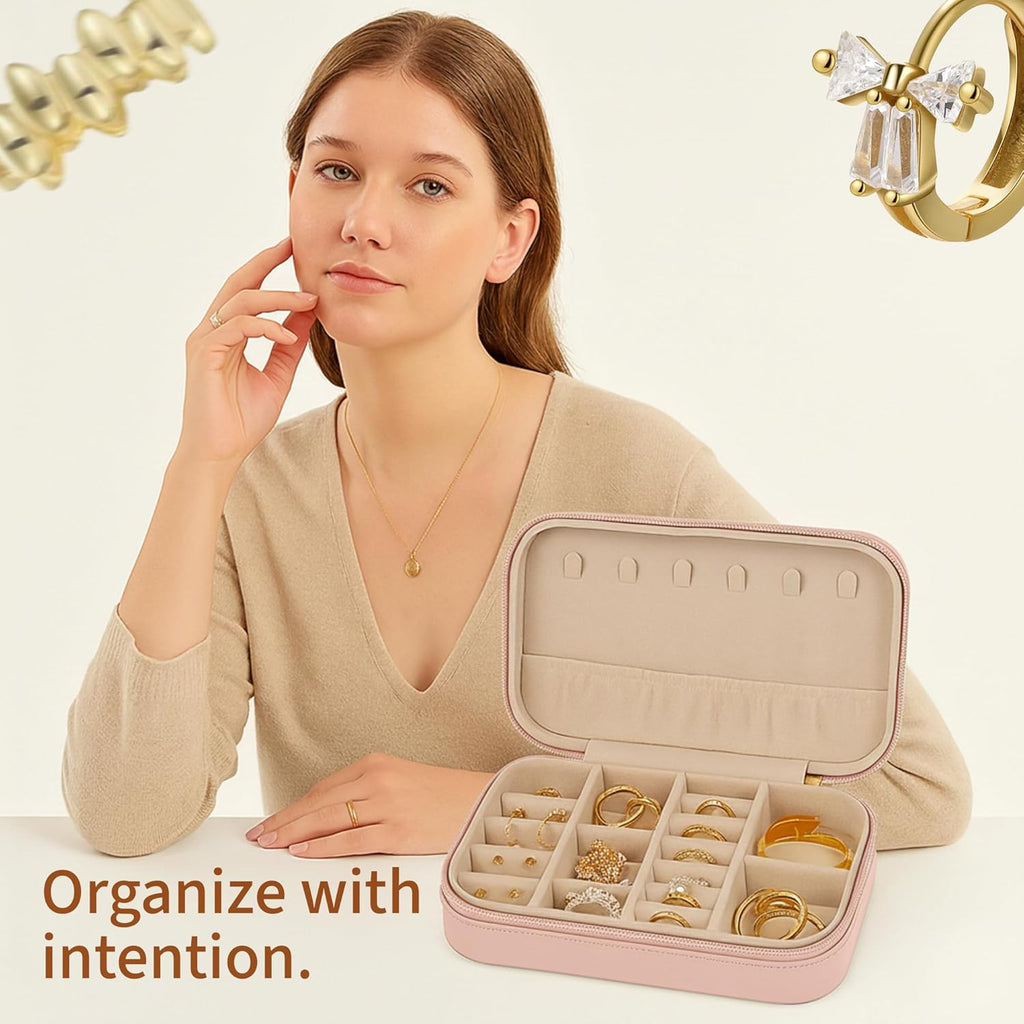 Small Travel Jewelry Box Organizer for women & Girls, Portable Small Travel Jewelry Case Organizer for Traveling, PU Leather Mini Box for Earrings, Necklaces, Rings, Bracelets - Pink