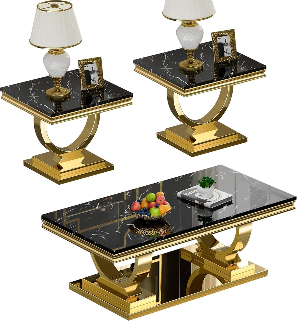 3 Piece Marble Living Room Table Set Modern Black Faux Marble Coffee Table an...