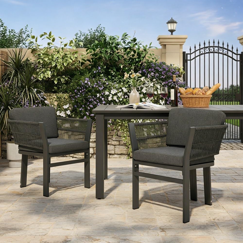 Outdoor Dining Chair Set of 2,White Aluminum Frame with Beige Cushion, 300lbs...
