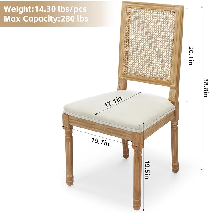 Dining Chairs Set of 2 for Dining Room & Kitchen, French Country Rattan Cane Back Chairs with Linen Upholstered Seat and S-Spring Support, Beige