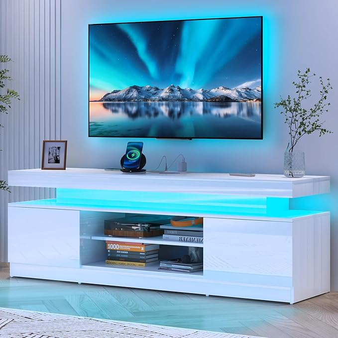 Verano Garden 63" LED TV Stand for 75 Inch TV, High Gloss Entertainment Center with Power Outlet & Light, Modern TV Media Console with 2 Storage Cabinets & Open Shelf for Living Room, Bedroom, White