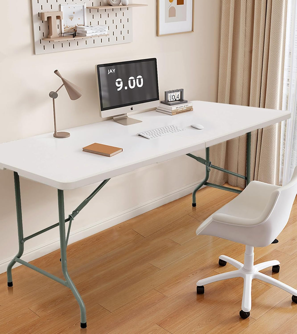 6ft Table Large Folding Table White Folding Table with Portable Carrying Handle 6ft Heavy Plastic Foldable Table for Party, Wedding, Events, Dining, Camping, Picnic Indoor, Outdoor, Utility