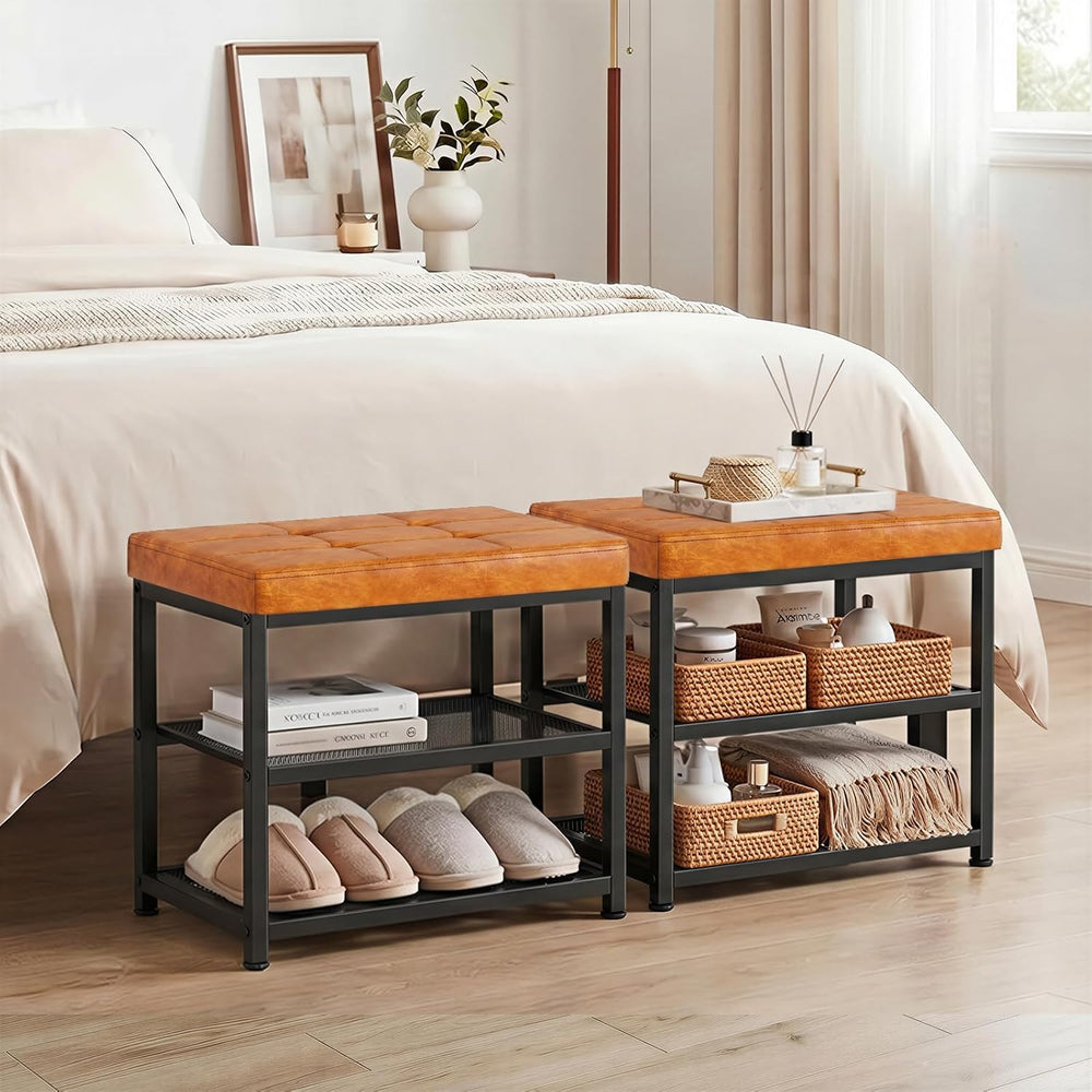 Small Shoe Storage Bench with PU Leather Seat Cushion, 3-Tier Freestanding Sh...