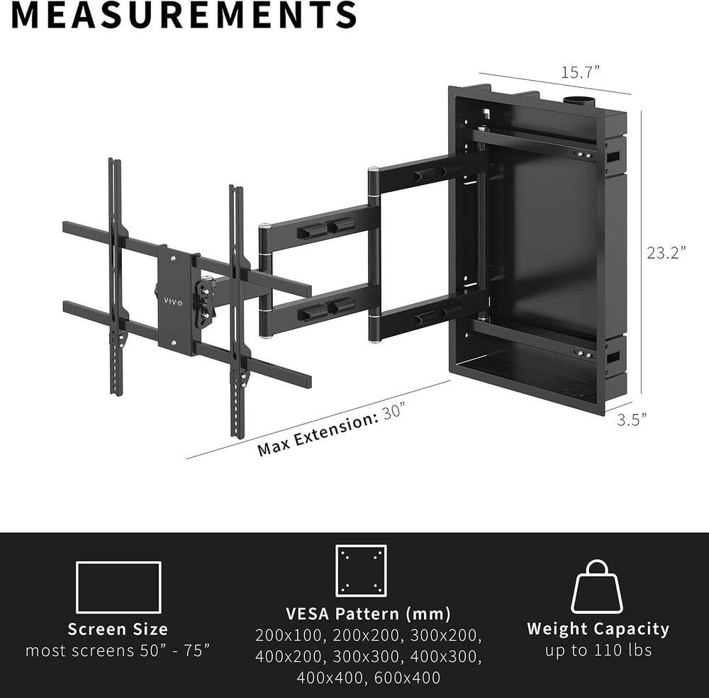 VIVO Recessed 50 to 75 inch LED LCD TV Wall Mount, Articulating Full Motion i...