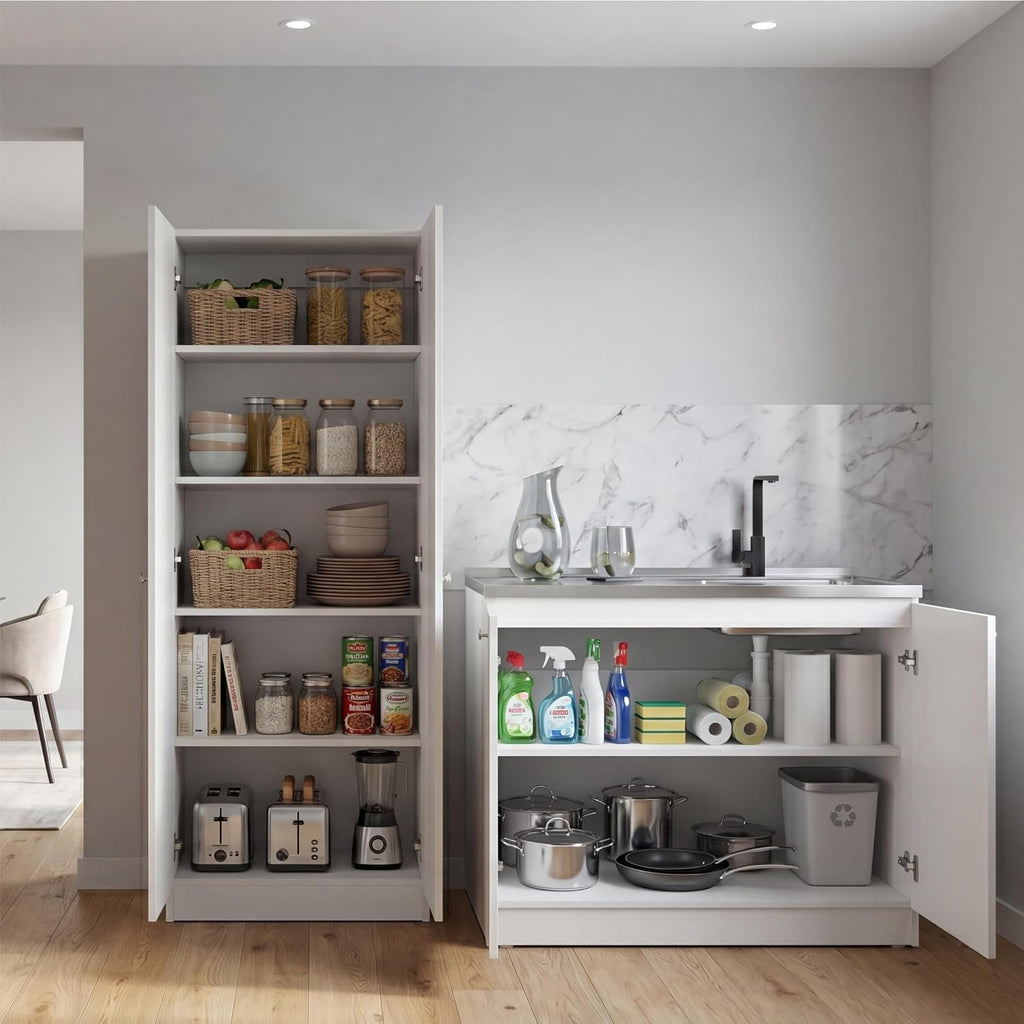 Tuhome Tall Storage Cabinet with 5 Adjustable Shelves, Two Large Doors and Kitchen Utility Sink Set with Stainless Steel Countertop Included