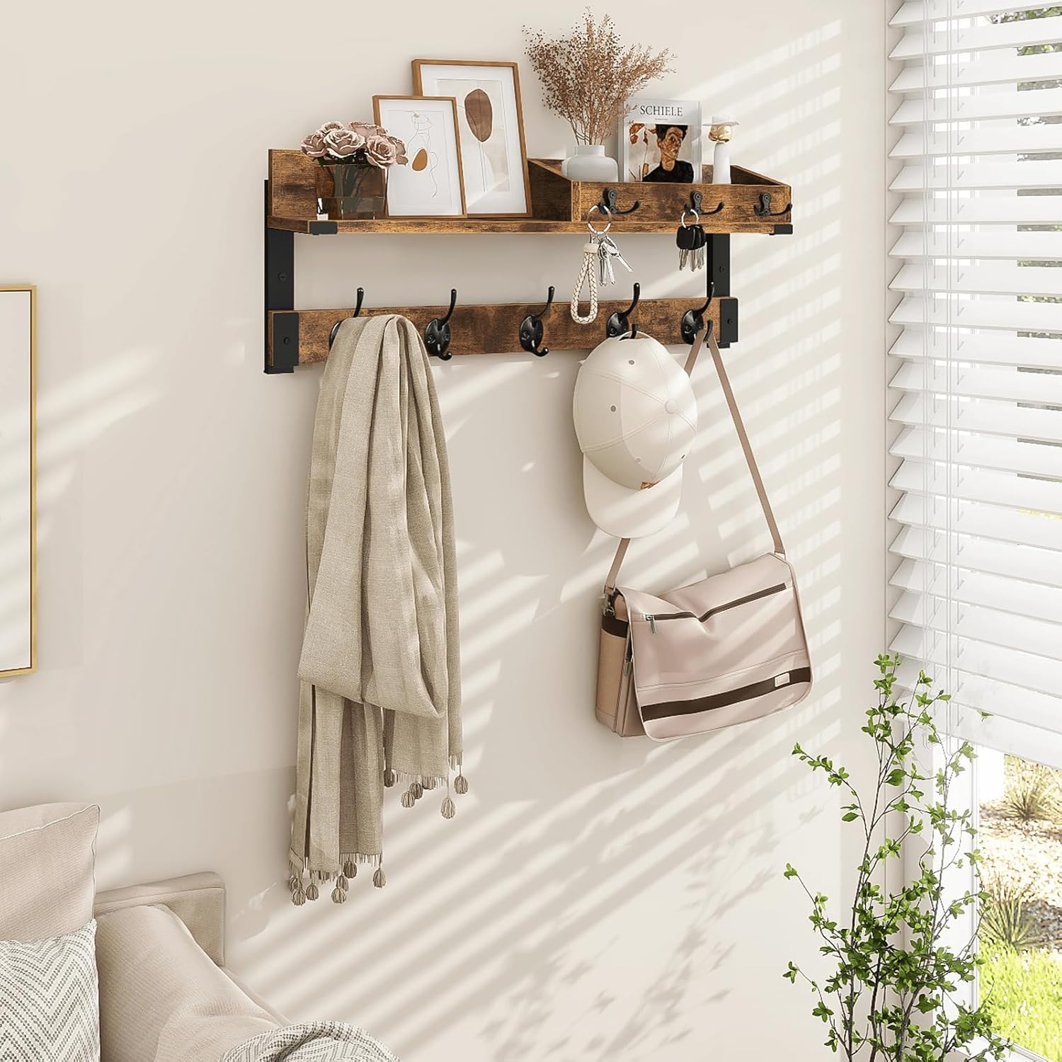 Homode Coat Rack with Shelf, Wall Shelf with Hooks, 26 Inch Long Coat Hanger Wall Mount with Key and Mail Holder, Wood Entryway Shelves for Hanging Hat Jacket Backpack Purse, Rustic Brown Black