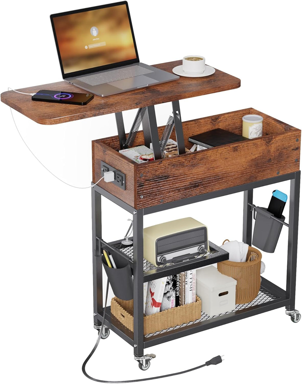 Colima Lift-Top Side Table with Charging Station - Mobile End Table with USB ...