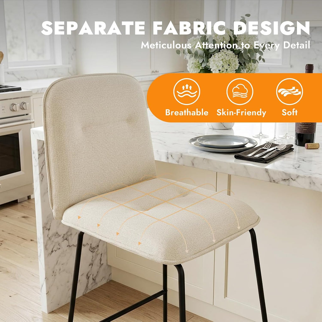 Bar Stools Set of 3, 26" Counter Height Bar Stools with Back, Modern Linen Fabric Upholstered Barstools with Metal Frame & Footrest for Kitchen Island, Home Bar,Beige