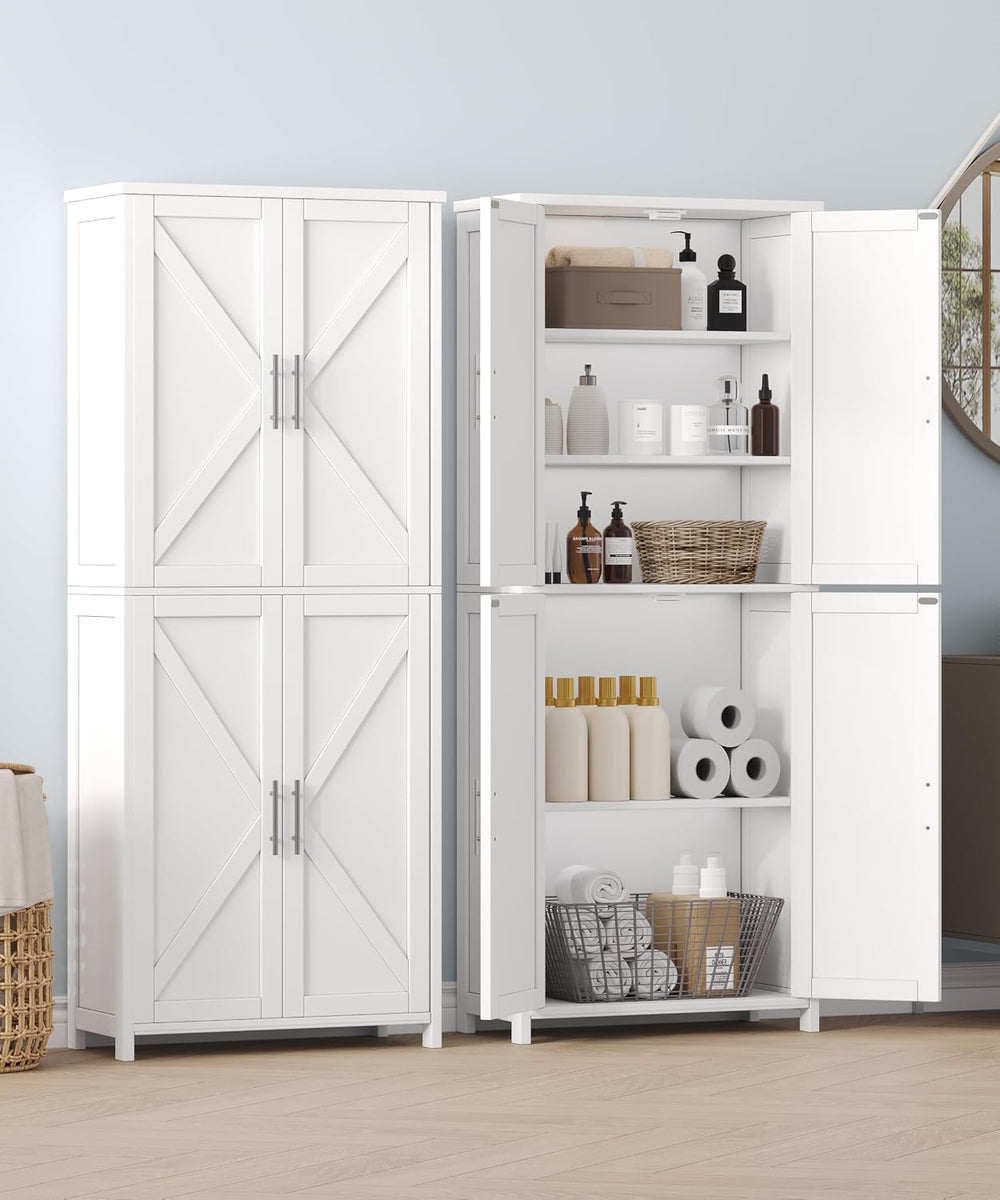 Akxomel 63''H Tall Farmhouse Bathroom Storage Cabinet with 4 Doors Wh...
