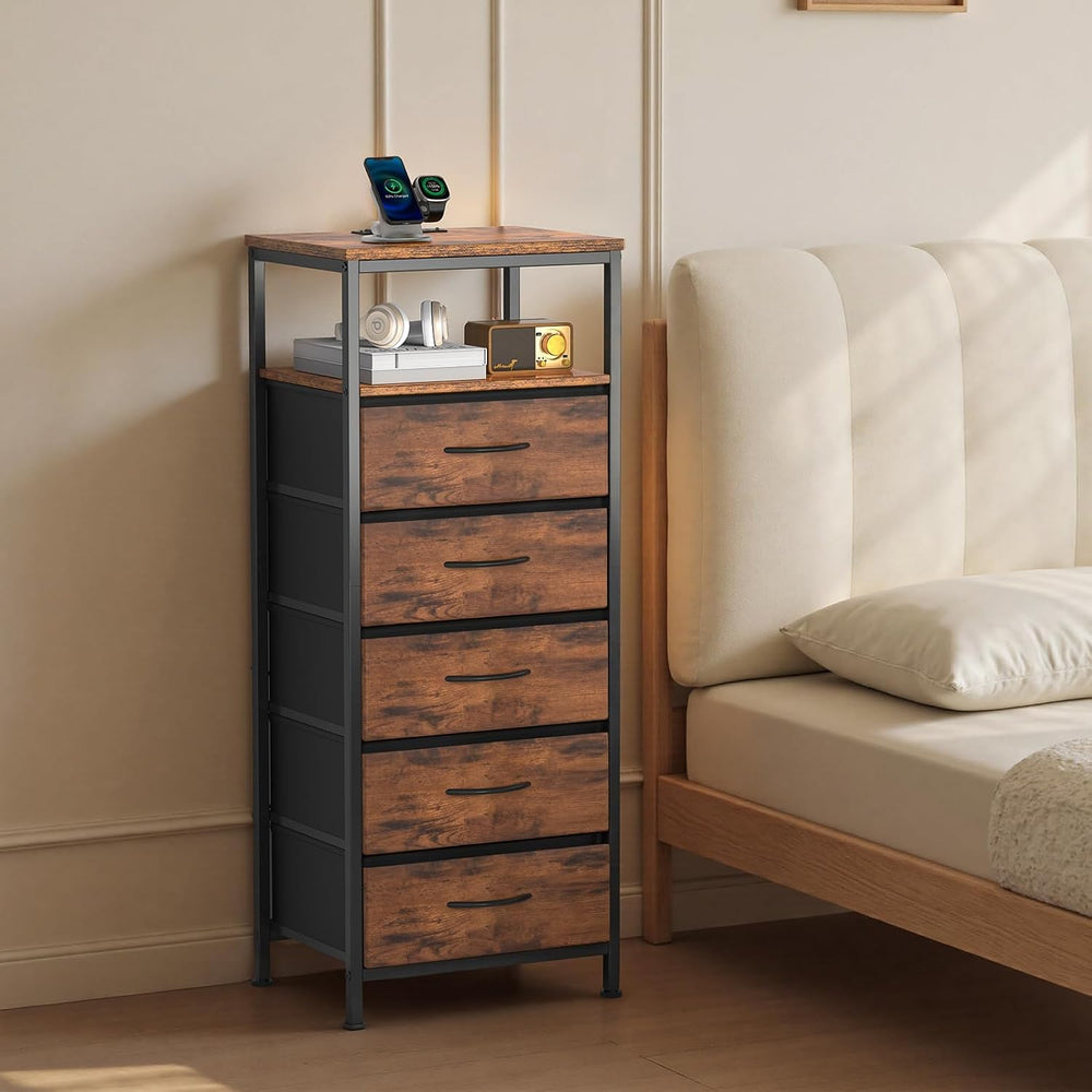 Sweetcrispy Nightstand with Charging Station 5 Fabric Drawers Bedside Table |...