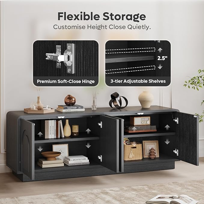 Bestier 63" Mid Century Modern TV Stand for Living Room, Wood Media Console Cabinet for TVs up to 70", Entertainment Center with 4 Arched Doors, Hidden Storage & Adjustable Shelves, Black
