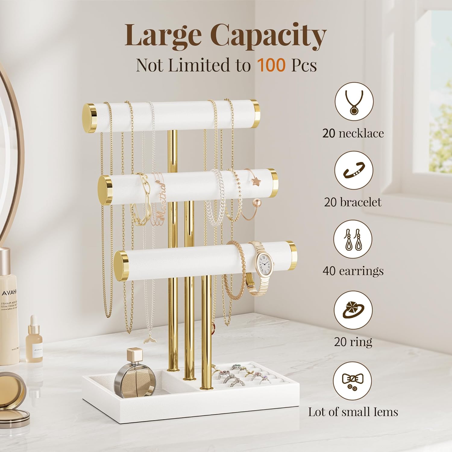 3 Tier Bracelet Holder Display - White Leather Bracelet Holder, Detachable T Bar Jewelry Holder Organizer for Bracelet, Necklace, Earrings, Rings, Watches, Bangle