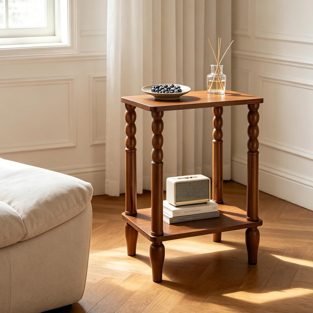 Solid Wood End Table with Storage Shelf, 2-Tier Small Side Table with Vintage...