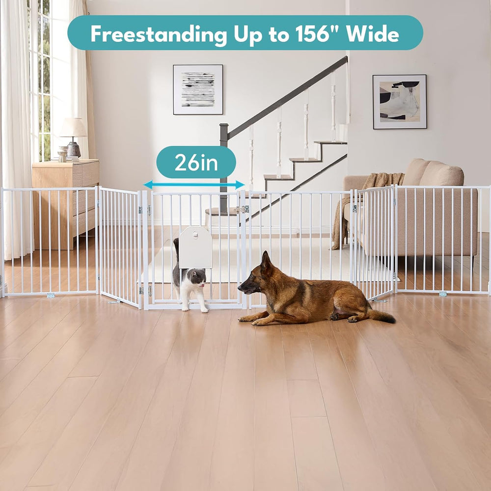 No Pawblems Freestanding Dog Gate with Cat Door for Indoor & Outdoor, White